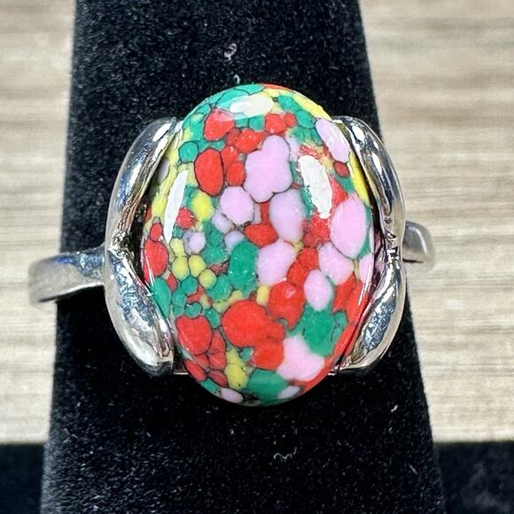 925 Sterling Silver Green Pink Red Mixed Stone Ring Smooth Oval Artistic Sz 8 - Picture 2 of 9